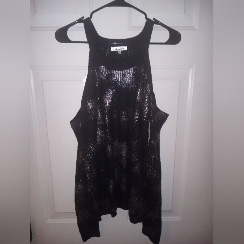 Love More Black/Silver Sweater Open Shoulder Size Large NWOT
